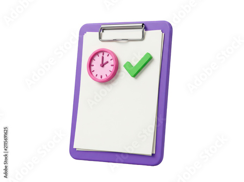 3D clipboard with clock and checkmark. Task management icon for business planning.