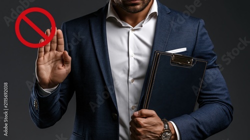 A professional holding a clipboard and making a stop gesture with a red prohibition sign.