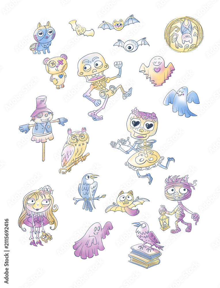 Obraz premium Aesthetic pastel Halloween characters clip art collection. Cute spooky doodle elements with ghosts skeleton characters mummy scarecrow and bats isolated on white background.