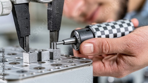 Skilled technician precisely measures a manufactured metal component with a digital caliper.