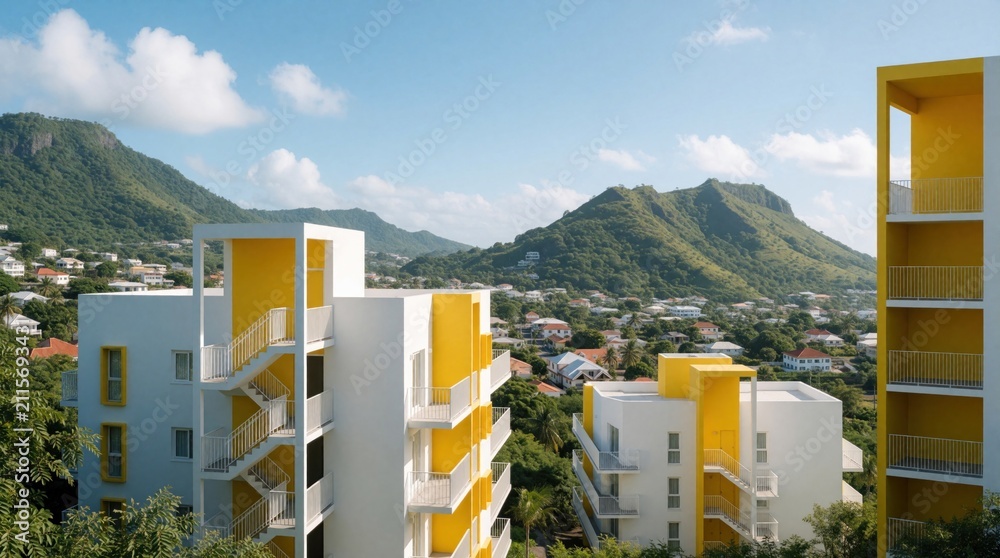 Obraz premium Modern white and yellow buildings rise against verdant mountains. Balconies offer views of a tropical town and lush green terrain. Residential architecture blends with nature.