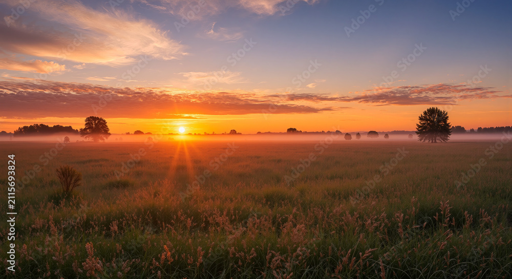 Fototapeta premium Serene landscape scene capturing a vibrant sunset over a vast open field with lush grasses and silhouetted trees evoking tranquility and natural beauty in a peaceful rural setting for scenic photograp