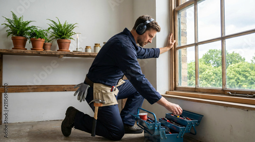 Skilled handyman wearing ear protection and a tool belt, kneeling to select tools from his toolbox while working on a window frame in a bright room.