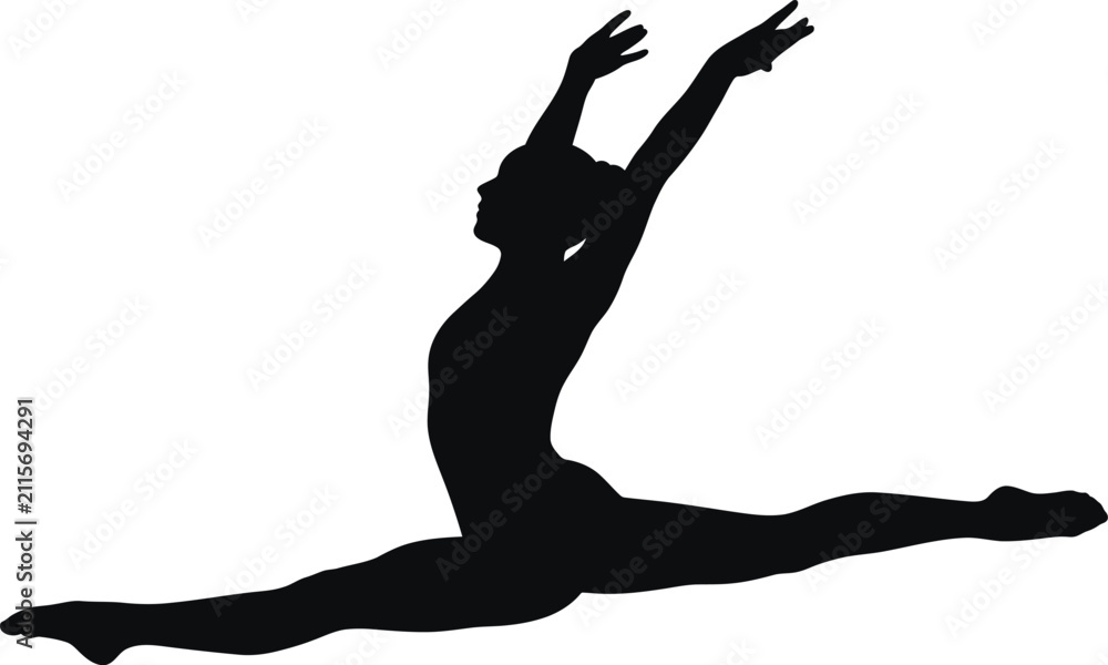 Fototapeta premium Silhouette of gymnast performing split leap with arms extended upwards against a transparent grid background.