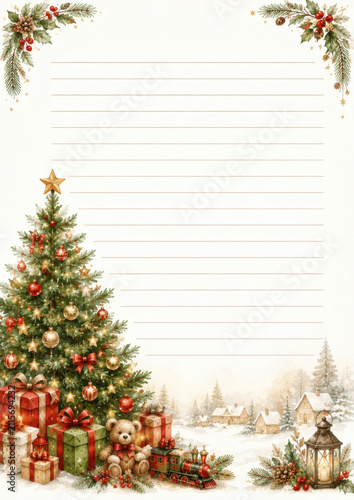 Vintage Christmas letter template with decorated tree, gifts, teddy bear, and winter village. Perfect for holiday greetings or wish lists.