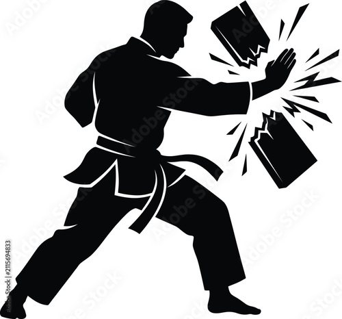 Karate black silhouette breaking wooden board with fist on transparent background action martial arts combat powerful punch dramatic impact.