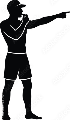 Silhouette of male coach whistling and pointing with whistle to mouth and arm extended on transparent background.