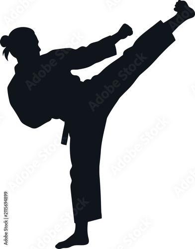 Silhouette of woman doing martial arts kick in karate gi with black belt and bun of hair on transparent background.