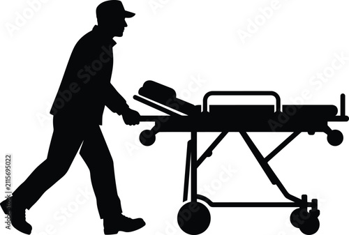 Silhouette of medic pushing stretcher, hospital equipment.
