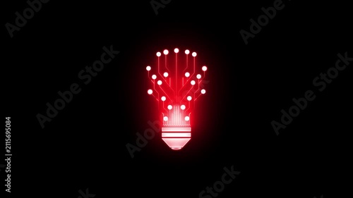 Red glowing digital light bulb concept with circuit board pattern and data nodes technology innovation