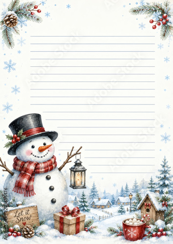 Festive winter letter template with a snowman, lantern, present, and snowy village. Perfect for Christmas cards, invitations, or holiday notes.