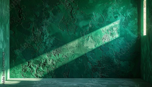 Dramatic sunlight beam highlights the rugged texture of a dark green wall in an empty, minimalist room, casting sharp shadows and defining the raw surface