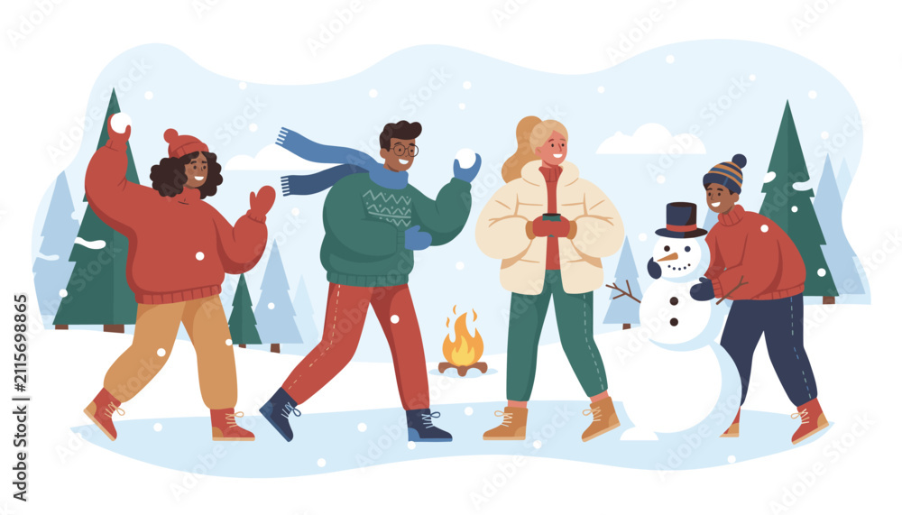 Fototapeta premium Group of diverse friends enjoys a snowy winter day outdoors while playing in the snow and building a snowman near a warm campfire.