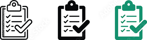 Clipboard checklist icons with green and black checkmarks for document management tasks and business organization, office stationery