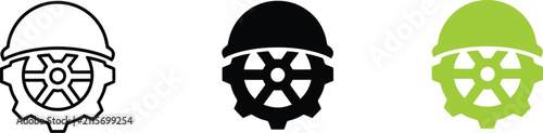 Hard hat gear icons, construction safety equipment symbols with industrial machine cog wheels and mechanical part and site and engineering tool