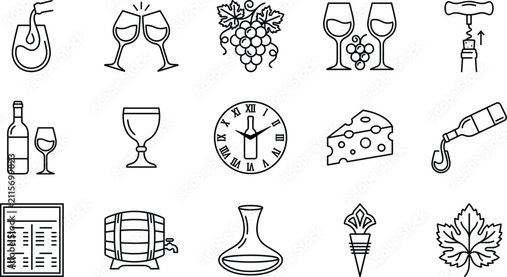 Obraz premium Wine tasting and winery line icon set featuring bottle glass grapes decanter barrel and menu vectors