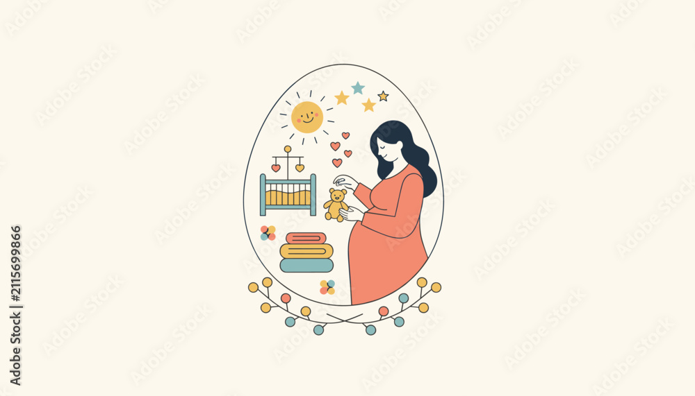 Fototapeta premium Pregnant woman dreams about her future baby while surrounded by icons of a crib, teddy bear, sun, stars, and infant clothing.