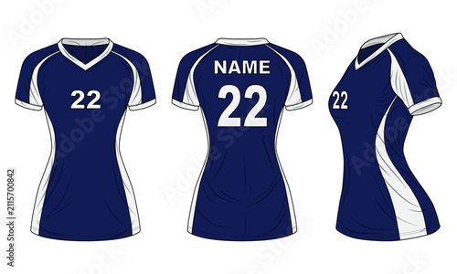Women Blue and White Sports Jersey Mockup Vector Template Front Back and Side View