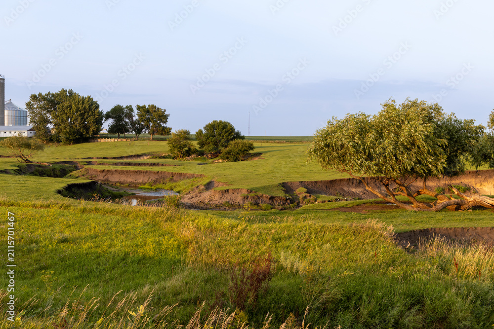 Fototapeta premium Idyllic pasture landscape, with a meandering river flowing around rustic willow trees at sunset or sunrise