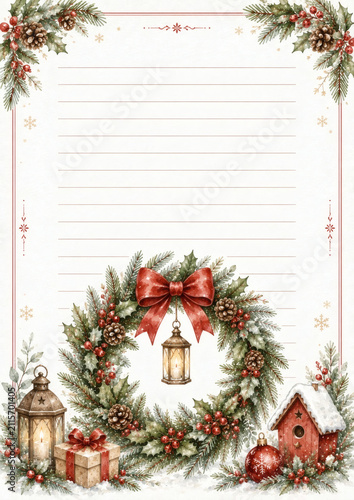 Elegant Christmas letter template with festive wreath, lanterns, pine cones, gift, and birdhouse. Watercolor style, lined paper for holiday messages or invitations.