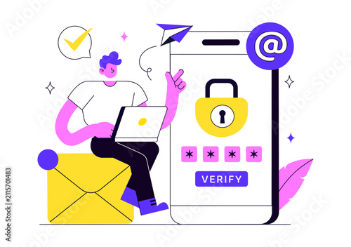 Email Verification Vector Illustration Featuring Secure Email Authentication, Account Confirmation Protection, Verified Messages, and Digital Security