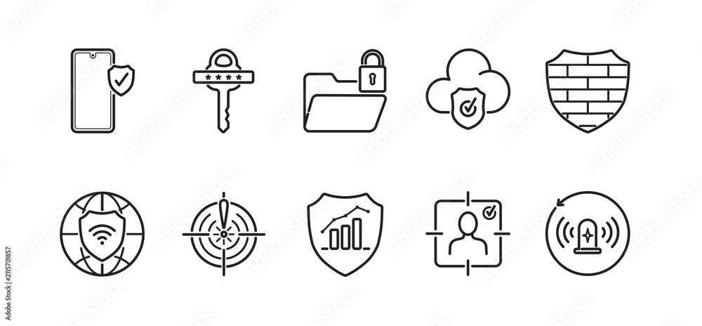 Fototapeta premium Cybersecurity & Data Protection icon set - Minimal outline style symbols representing essential cybersecurity and data protection concepts.