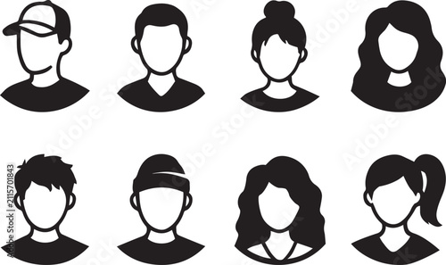 Set of hand drawn doodle style human avatars with various hairstyles and accessories for social media profiles