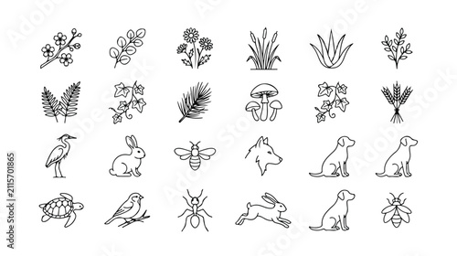 Obraz na płótnie Nature line art icon set, 25 black and white vector illustrations of plants and animals