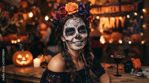 Woman with Sugar Skull Makeup at Halloween Party