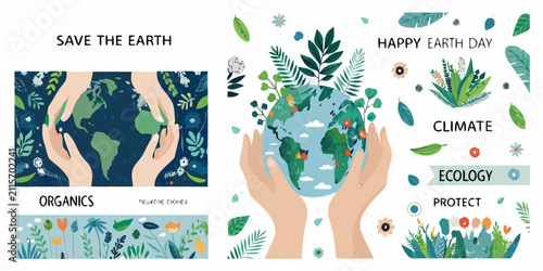 Foto Floral Ornament With Hands Holding Earth Vector Illustration