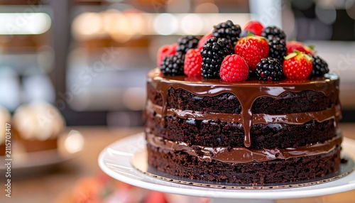 Decadent chocolate layer cake with rich fudge frosting and fresh mixed berries in a bakery