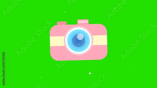 Cute Pink Cartoon Camera Animation on Green Screen Background Loop