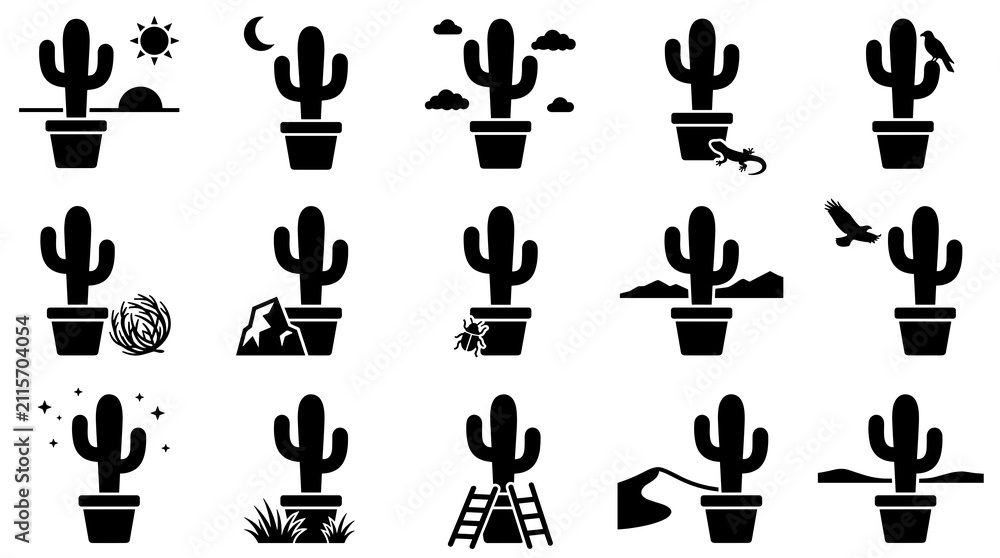 Obraz premium desert plant vector cactus pot icon set presenting saguaro cactus with sun moon clouds lizard eagle tumbleweed mountains and ladder concepts isolated on clean white background