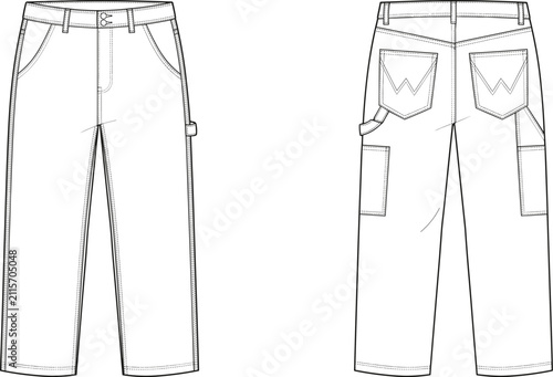 Fotografie Technical fashion flat sketch of classic denim utility carpenter pants with side pockets and belt loops