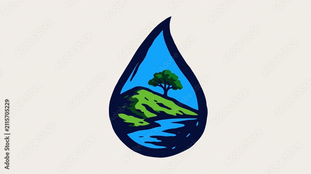 Obraz premium Single large water drop containing a tiny green landscape, minimalist conceptual illustration