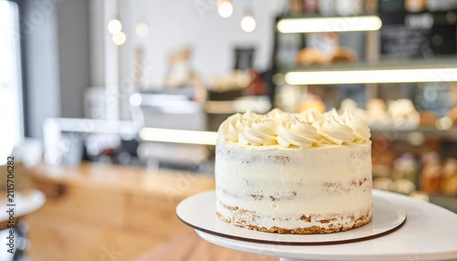 Freshly Baked Vanilla Sponge Cake Decorated With Whipped Cream Frosting Placed On A Stand In A Cozy Bakery Interior
