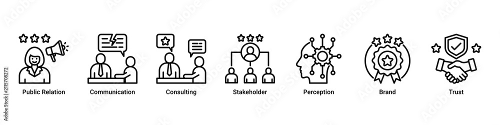 Fototapeta premium Public Relations web banner icon vector illustration with icons of Public Relation, Communication, Consulting, Stakeholder, Perception, Brand and Trust