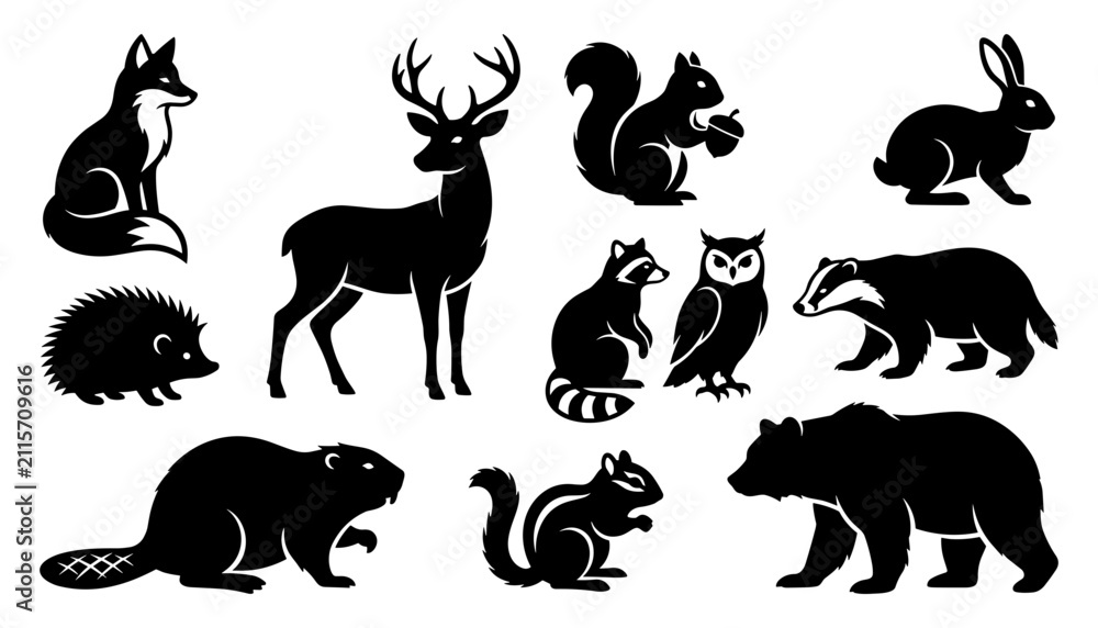 Fototapeta premium Animals Including Fox, Deer, Squirrels, Rabbit, Hedgehog, Raccoon, Owl, Badger, Beaver, Chipmunk, and Bear