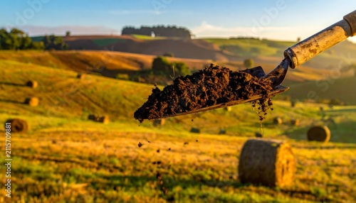 Rural Farming Scene with Shovel and Hay Bales