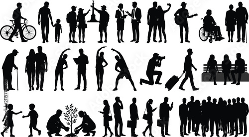 People Silhouette Collection with Business Family Travel Fitness Senior and Lifestyle Black Vector Set