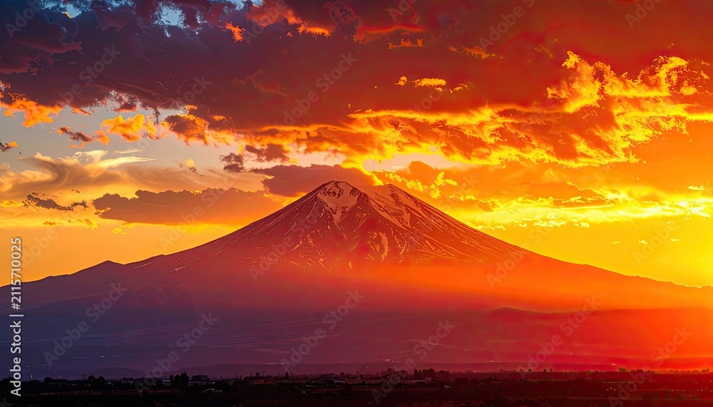 Fototapeta premium Majestic mountain bathed in the fiery glow of a dramatic sunset.