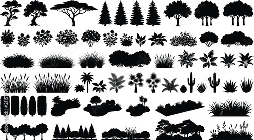 Tree and Plant Silhouette Collection with Bush Grass Shrub Landscape Elements Black Vector Set