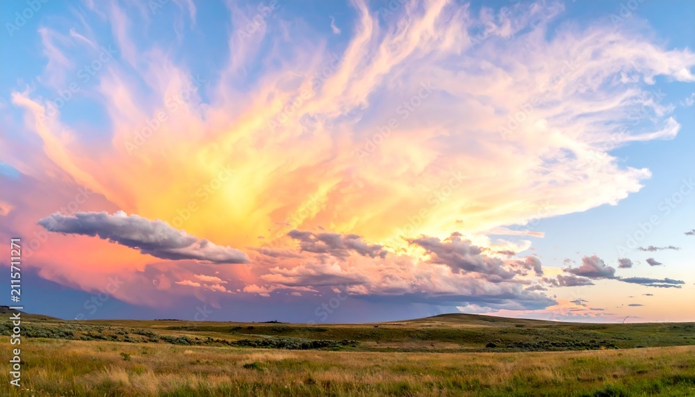 Fototapeta premium Vibrant Sunset Over Rolling Grasslands