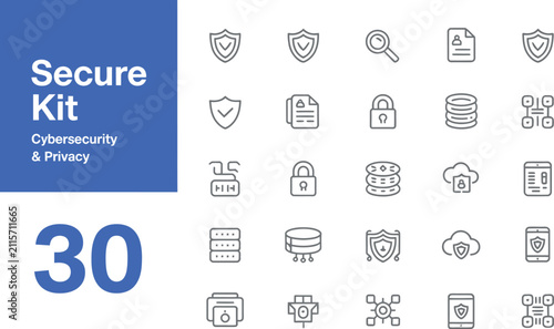 Secure kit cybersecurity and privacy 30 editable stroke line icons in isolated transparent background. Vector illustration
