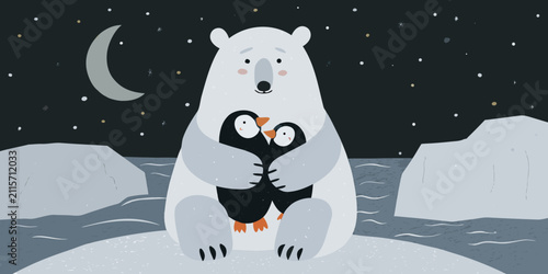 Cuadro en lienzo Polar bear holding penguins whimsical vector illustration with a dark background