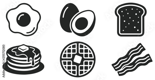 Set of breakfast food icons including fried egg, boiled eggs, toast, pancakes, waffle and bacon