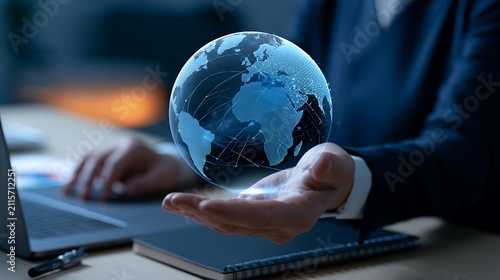 Businessperson Holding a Digital Globe Model with Network Lines in Office