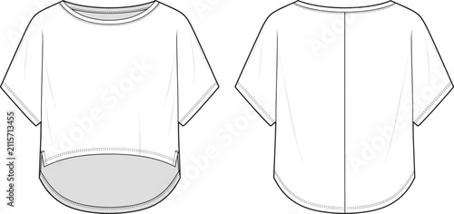 Bild auf Leinwand Womens curved hem t shirt technical drawing fashion flat sketch template apparel