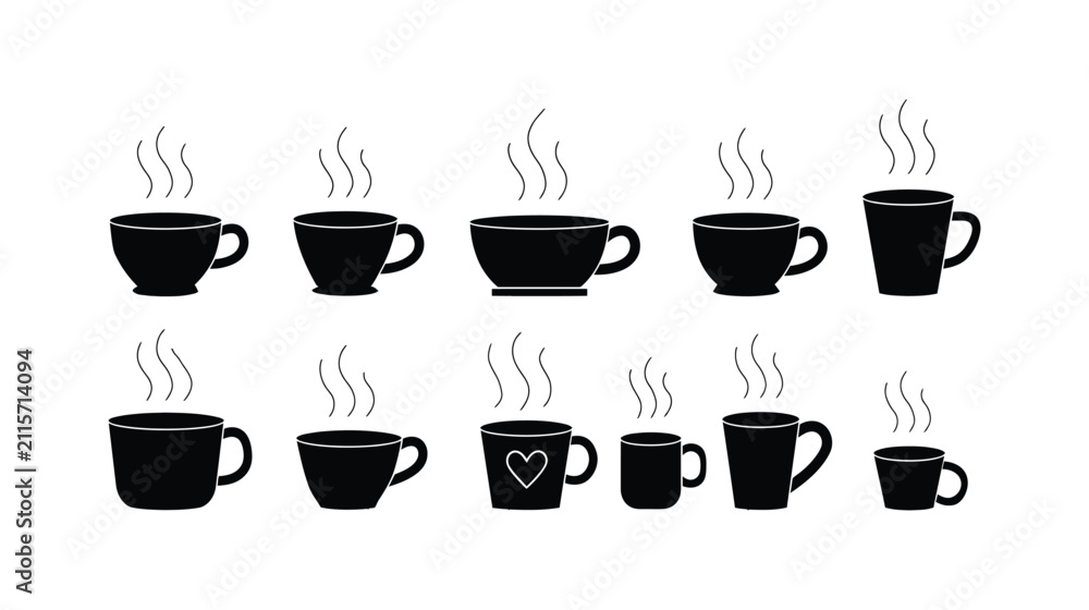 Fototapeta premium Coffee vector icon set with various steaming beverage