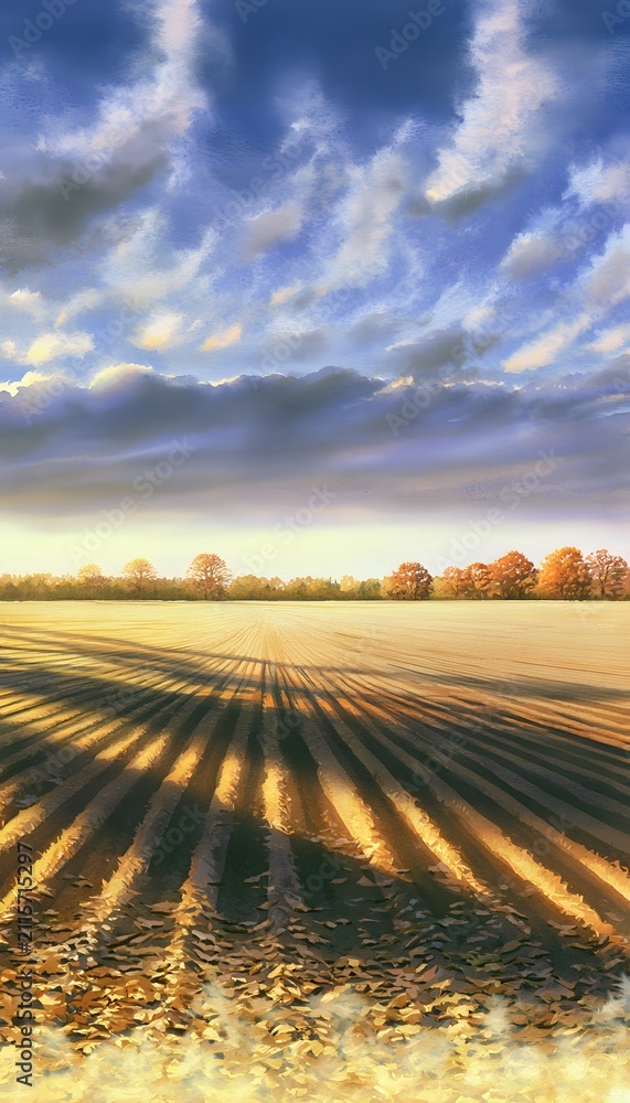 Obraz premium Golden Hour Serenity Vast Field Landscape Watercolor Illustration Rural Tranquility Autumn Hues